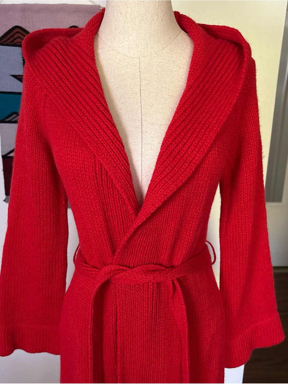 Y2K Marisa Christina Long Red Cardigan with Hood and Tie Waist